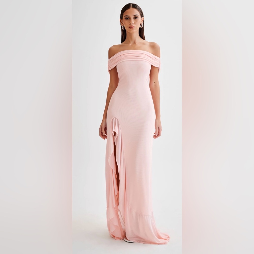 NWT Meshki Audrey Off Shoulder Mesh Maxi Dress - Pale Pink